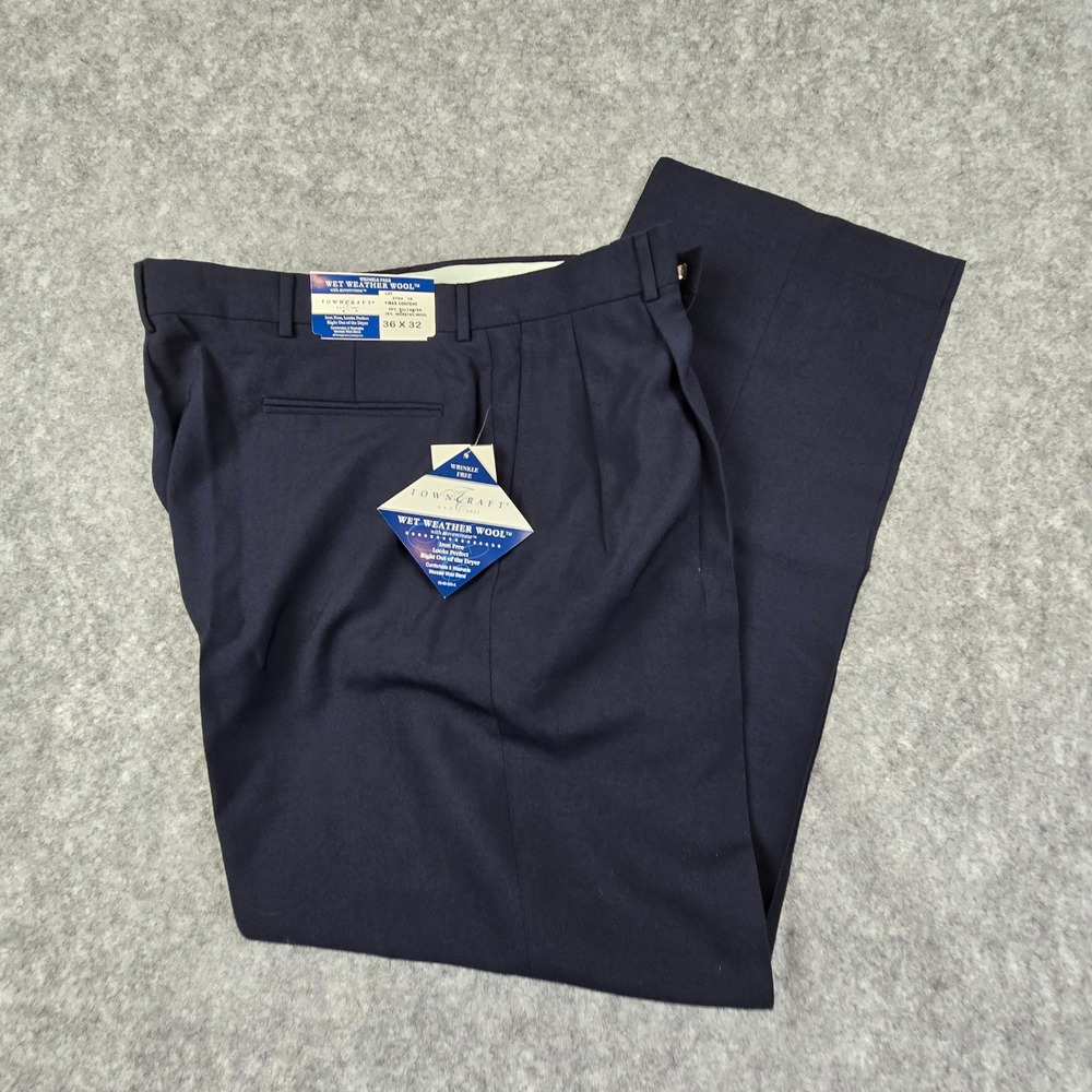 Towncraft Mens Wet Weather Wool Dress Pants Navy Blue Pleated 36x32 NWT 3750-19